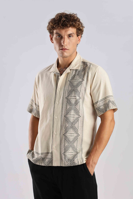 Warm Beige Ethnic Linen Shirt