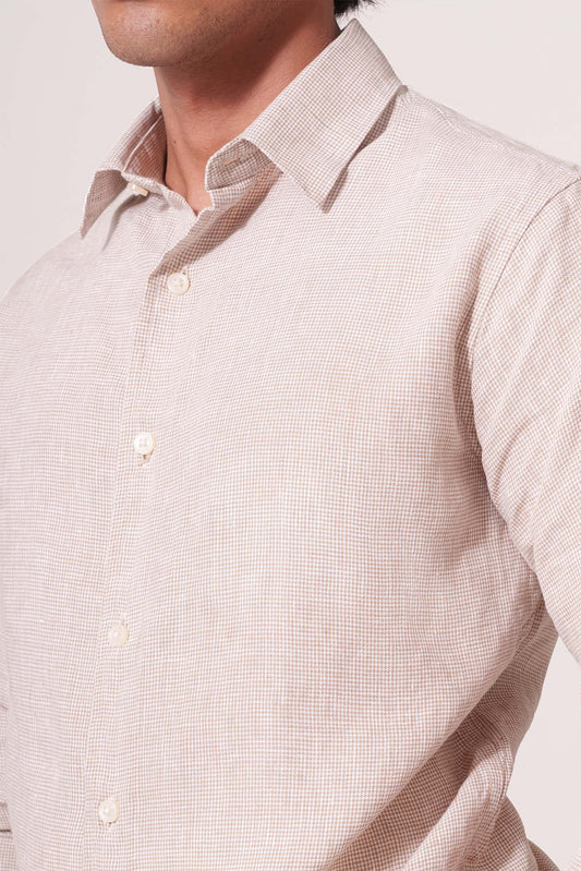 Yellow micro check pure linen shirt