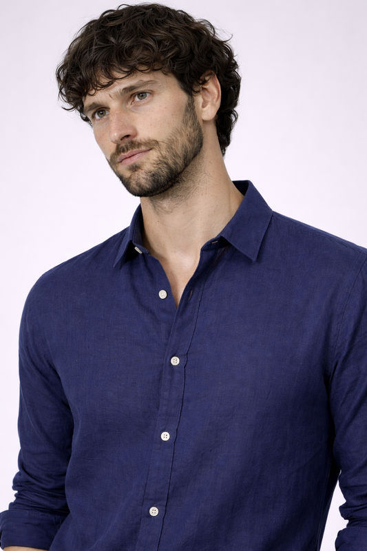 Navy Blue 100% Linen Relaxed Fit Shirt