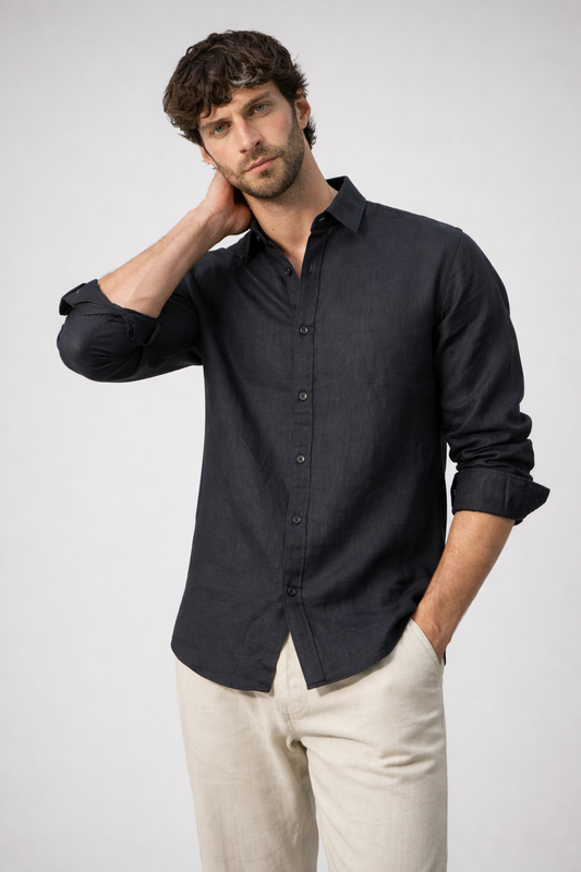 100% Linen Black Relaxed Fit Shirt
