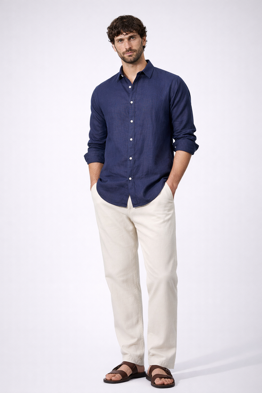 Navy Blue 100% Linen Relaxed Fit Shirt